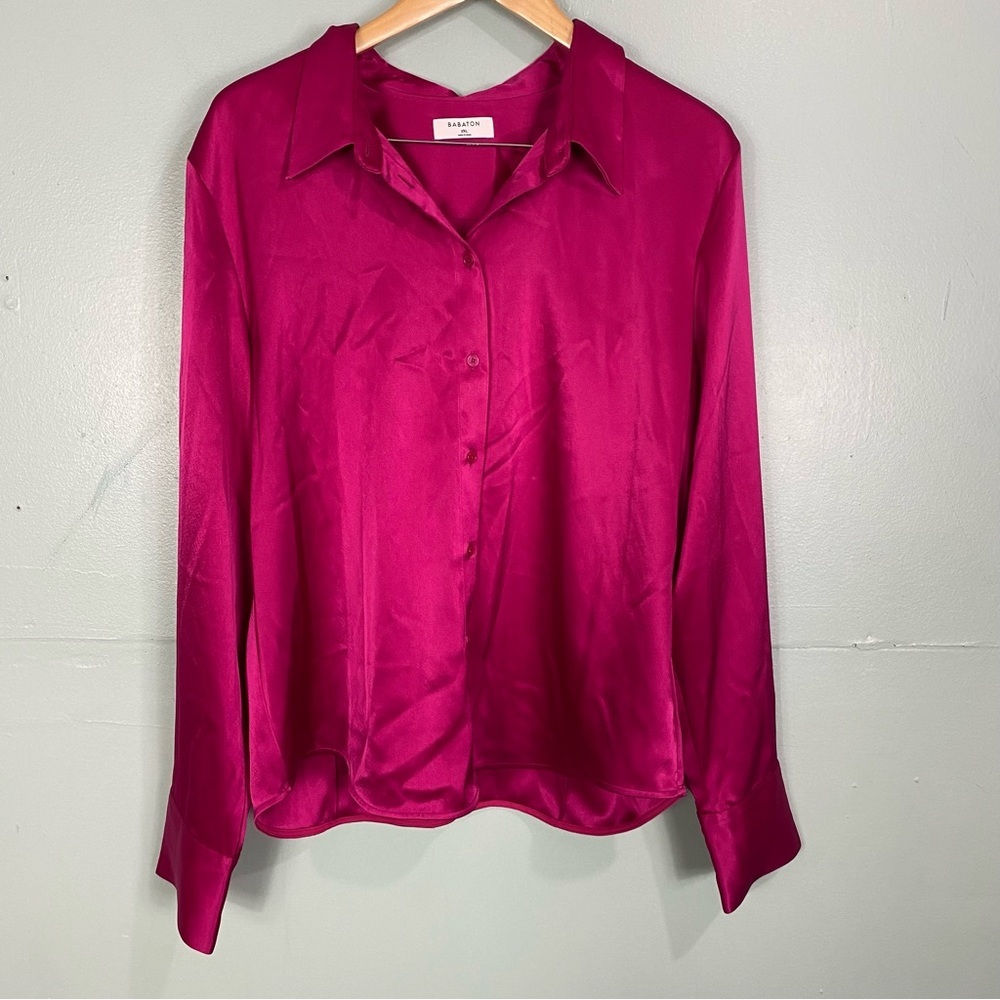 Aritzia Babaton Industry Satin Shirt Punk Fuchsia Button Down Sz XXL